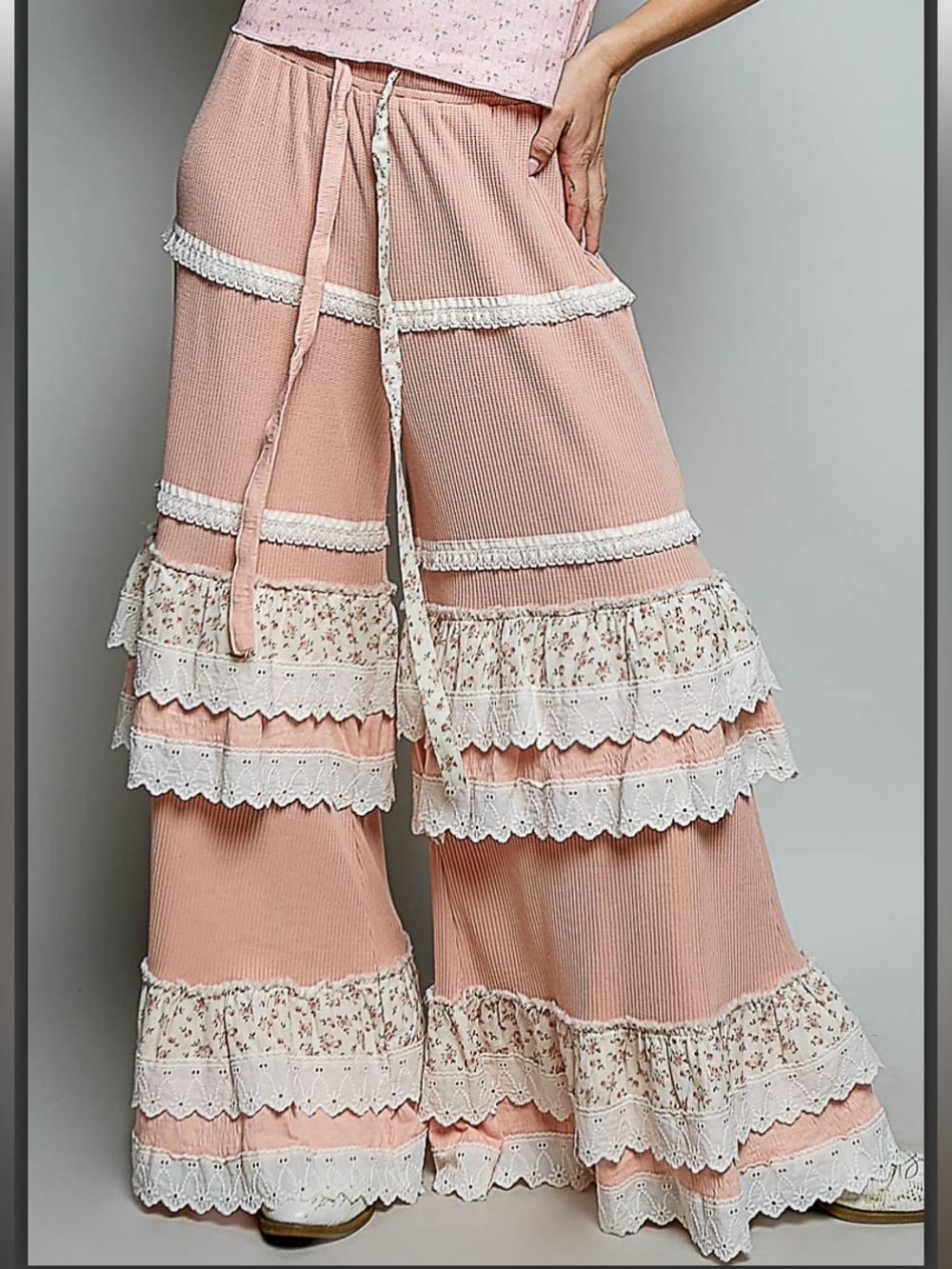 POL Dusty Pink Tiered Wide-Leg Ruffle Pants